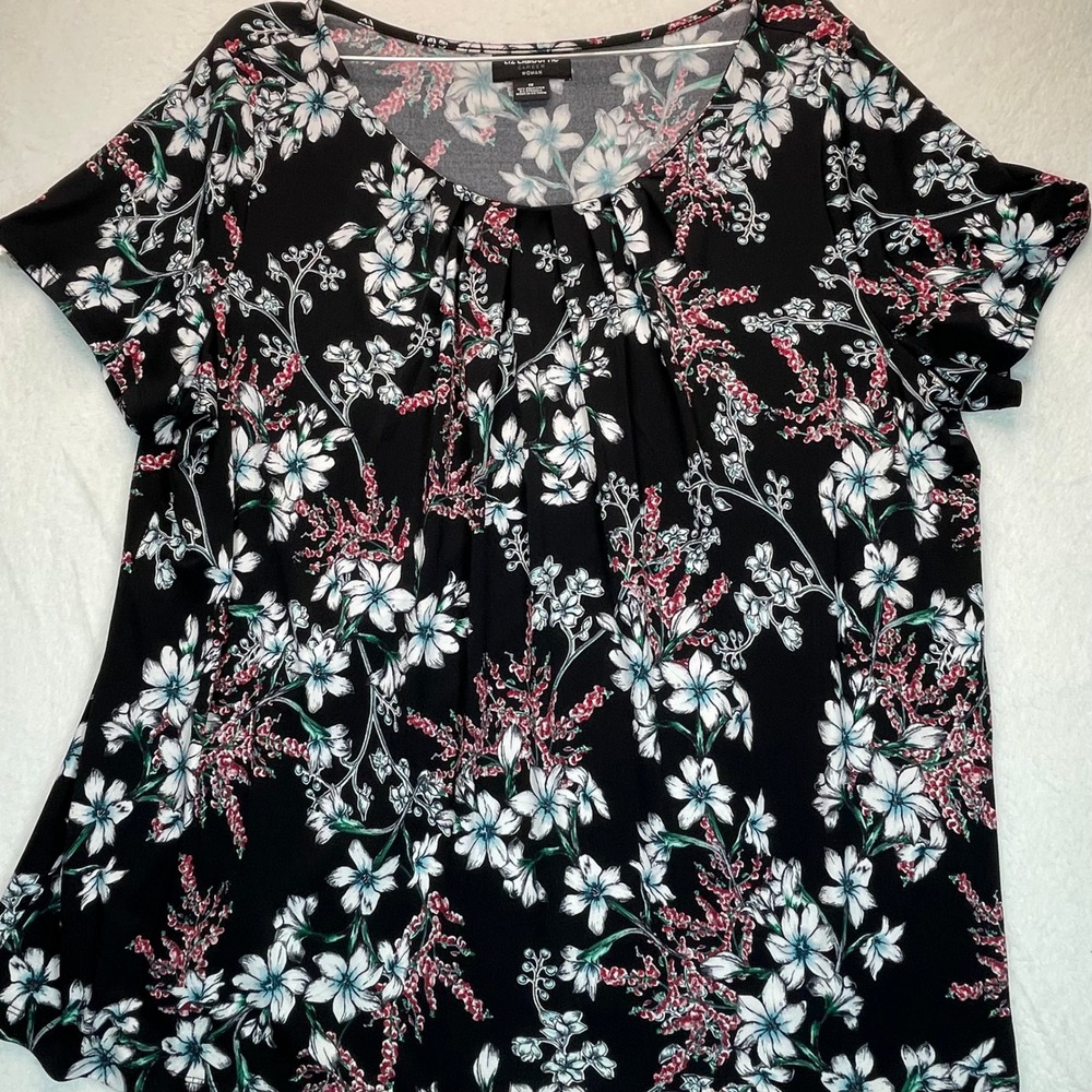 Liz Claiborne 1X Black Short Sleeve Pleated Career Top Floral Modest Church Rose